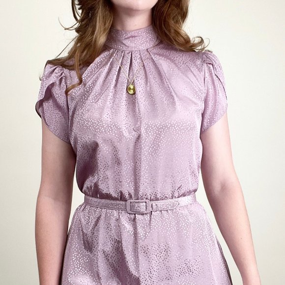 Vintage Polka Dot Belted Midi Dress Mock Neck Preppy Secretary Mid Century MCM - Picture 2 of 8